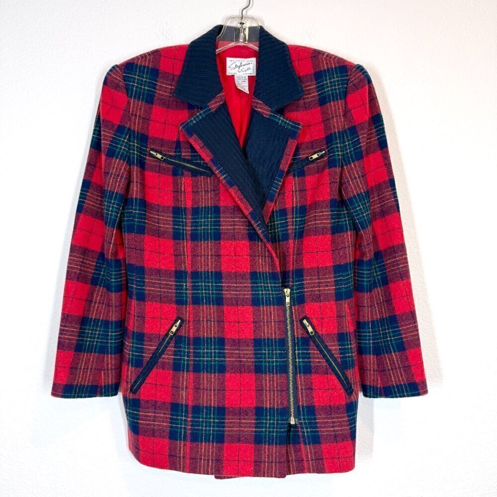 Vintage Plaid Blazer Jacket Red Blue Wool Preppy Rockabilly 80s Medium